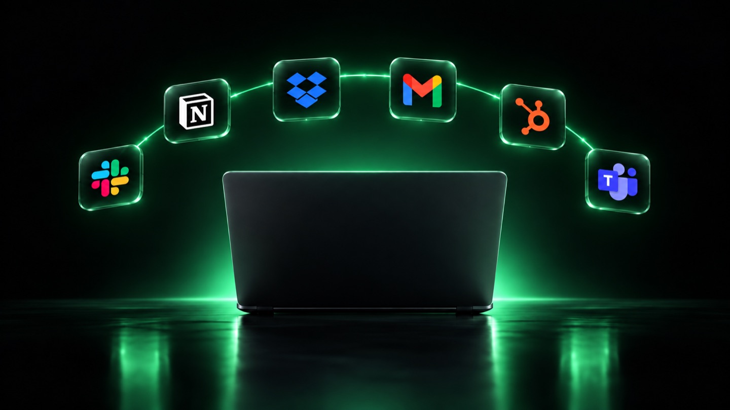 A laptop beneath Slack, Notion, Dropbox, Gmail, HubSpot, and Microsoft Teams app tiles connected by a glowing green arc.